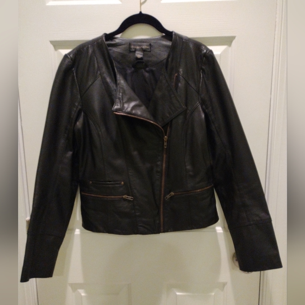 Womens Bagatelle Genuine Black Full Zip Leather Jacket w/ Pockets Size L